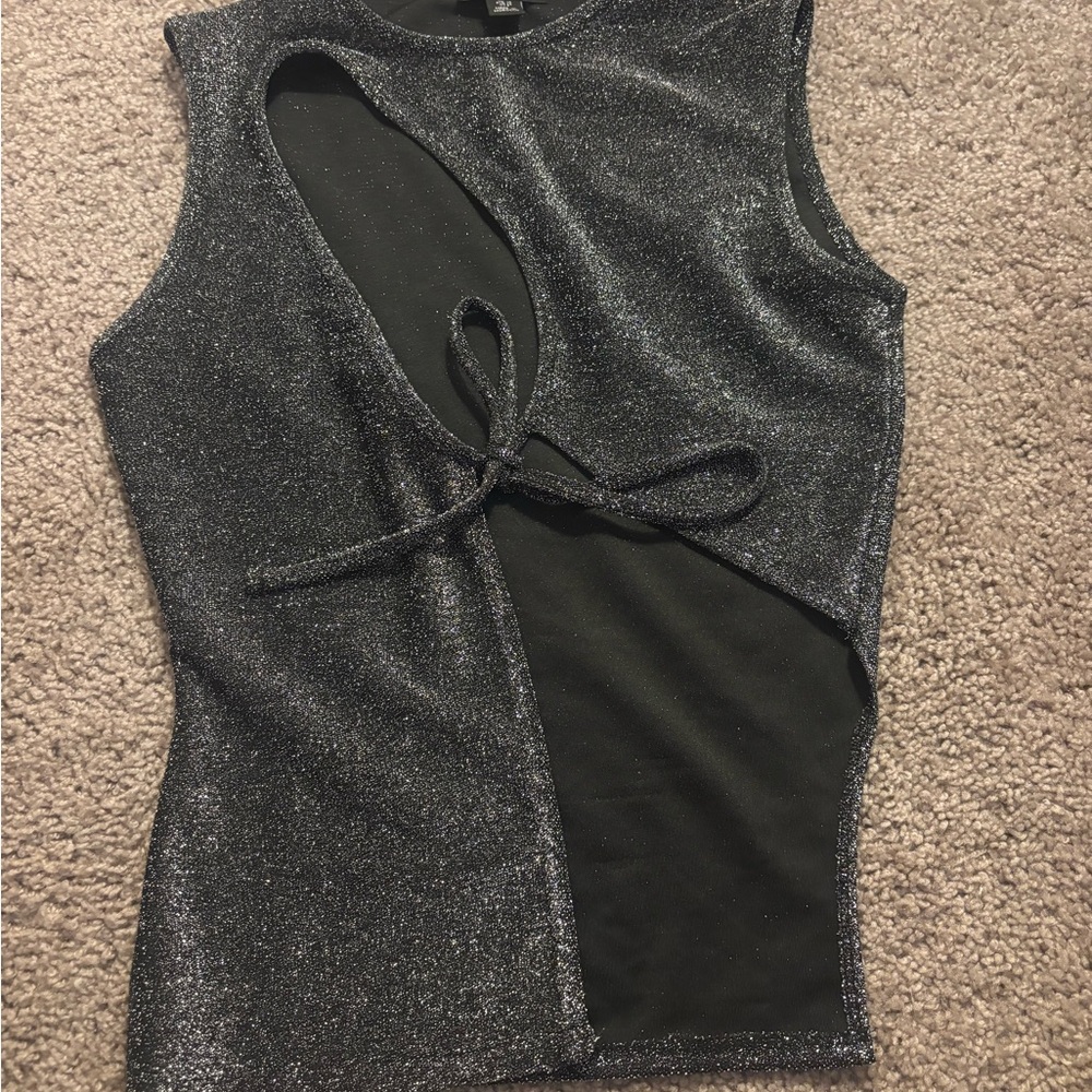 PrettyLittleThing Black and Silver Shimmer Tank Top